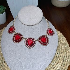 Red and Gold Beaded Statement Necklace. 17”-20”
